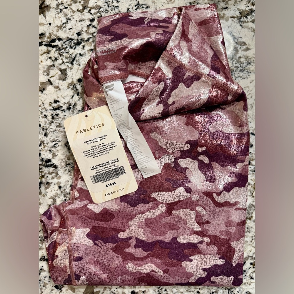 Fabletics Women’s' Magenta/Rose Shimmer Camo Capris w/Power Hold_Sz L_NWT - Picture 2 of 5